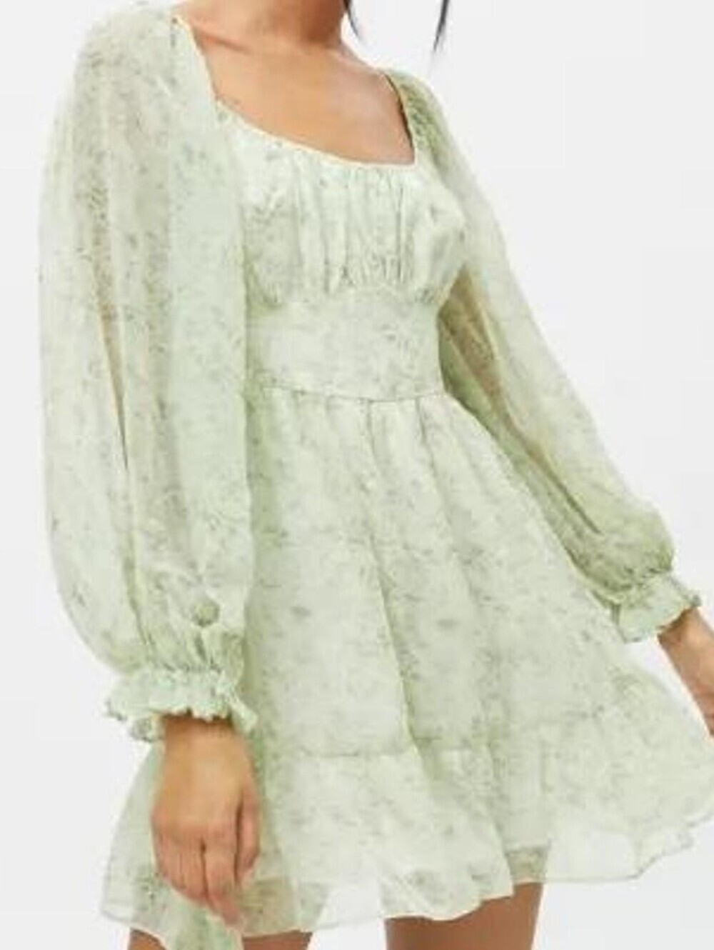 KISS THE SKY Light Green Floral Square-Neck Long-Sleeve Mini Dress